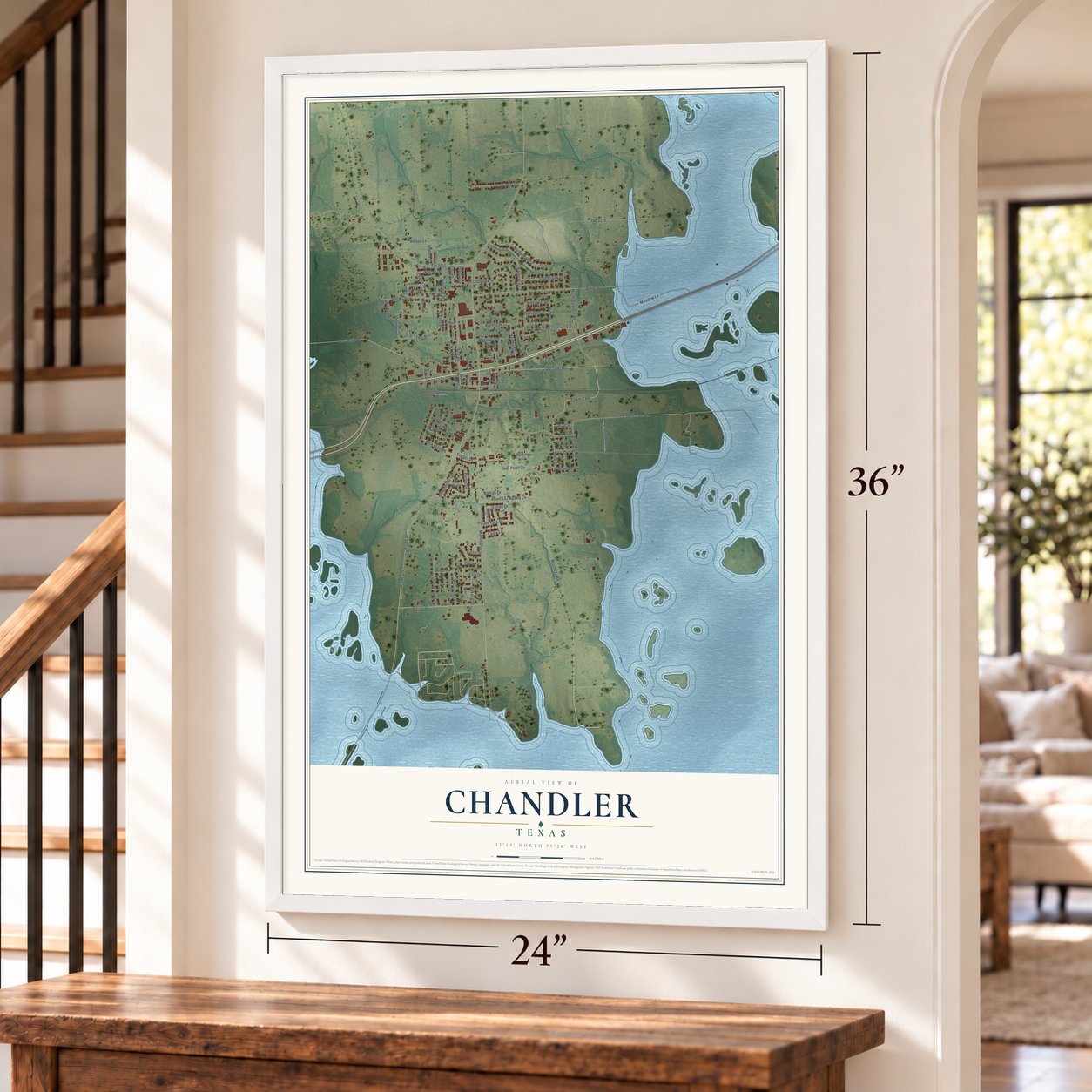 Chandler, Texas map, 24 x 36 inch print in a white frame by a staircase