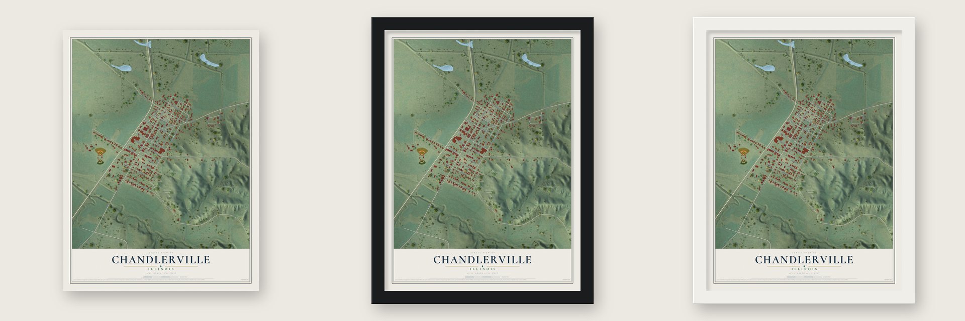 Chandlerville, Illinois map unframed, in a black wood frame and in a white wood frame