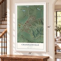 Chandlerville, Illinois map, 24 x 36 inch print in a white frame by a staircase
