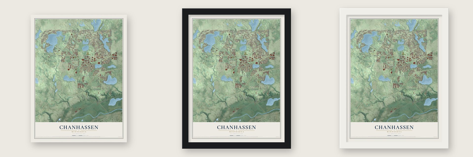 Chanhassen, Minnesota map unframed, in a black wood frame and in a white wood frame