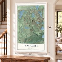 Chanhassen, Minnesota map, 24 x 36 inch print in a white frame by a staircase