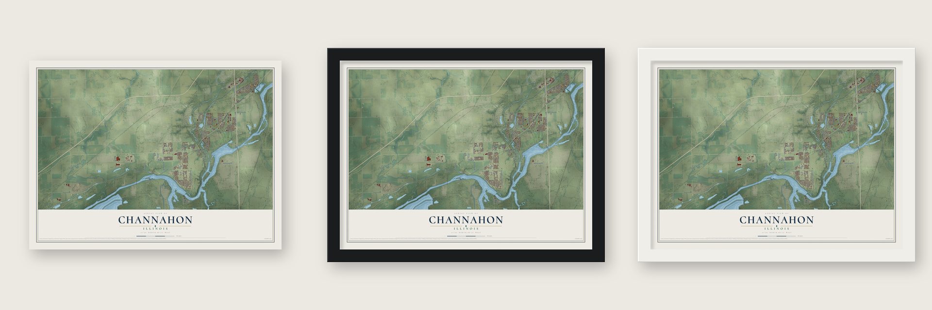 Channahon, Illinois map unframed, in a black wood frame and in a white wood frame