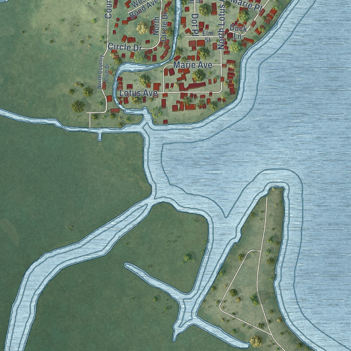 Second close-up of the map of Channel Lake, Illinois print showing more streets and buildings