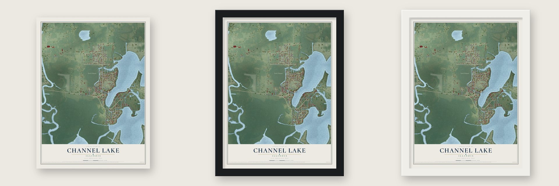 Channel Lake, Illinois map unframed, in a black wood frame and in a white wood frame