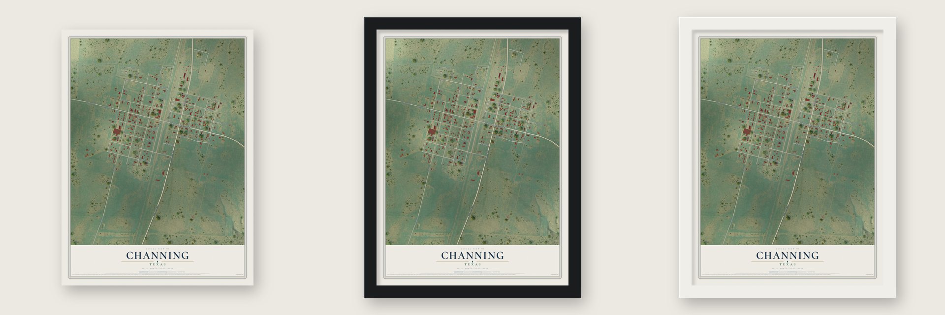 Channing, Texas map unframed, in a black wood frame and in a white wood frame