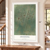 Channing, Texas map, 24 x 36 inch print in a white frame by a staircase