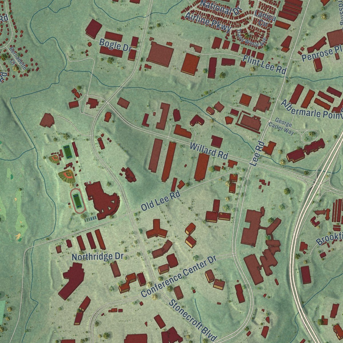 Second close-up of the map of Chantilly, Virginia print showing more streets and buildings