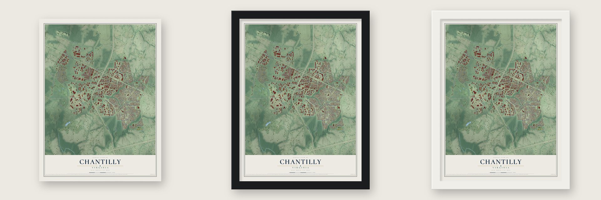 Chantilly, Virginia map unframed, in a black wood frame and in a white wood frame