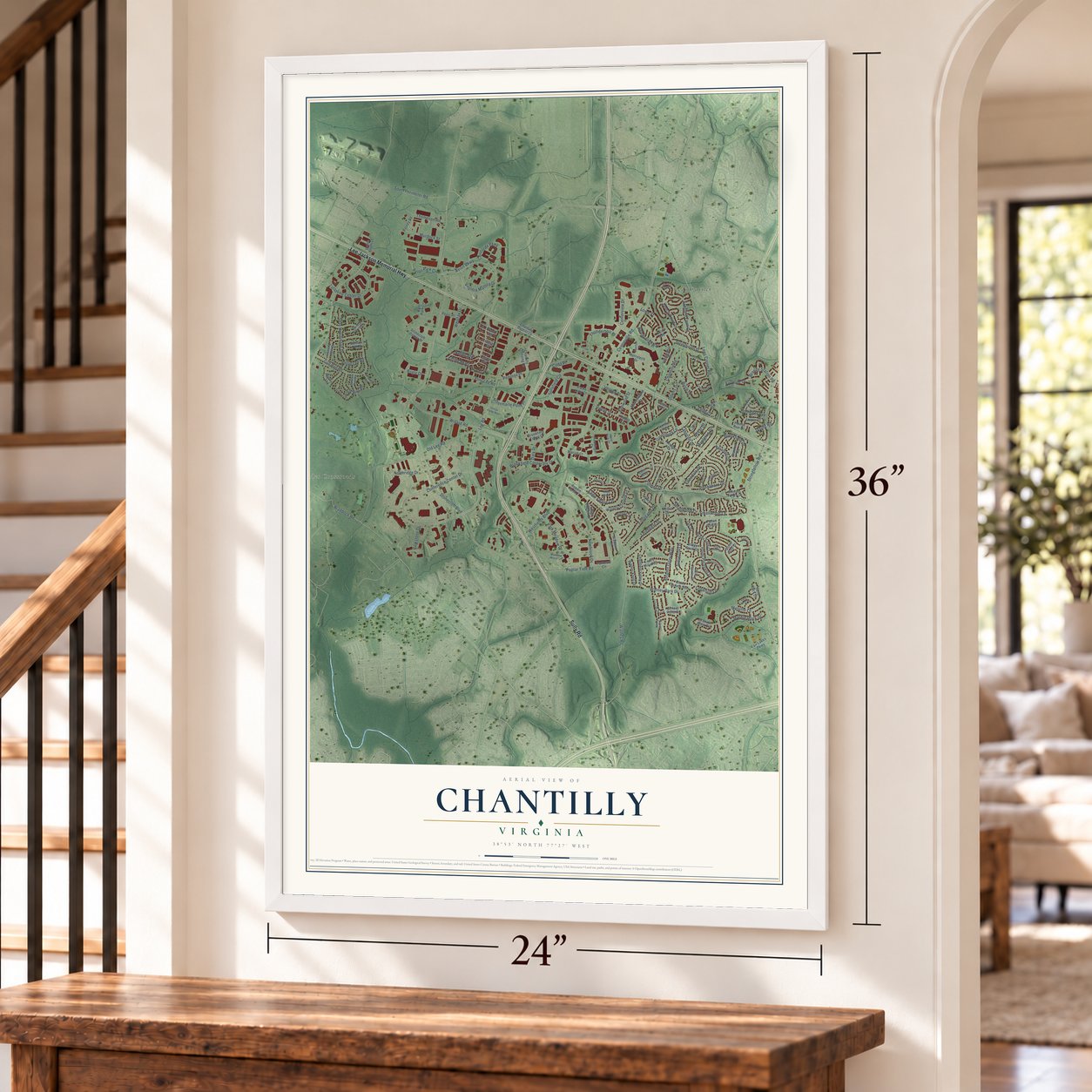 Chantilly, Virginia map, 24 x 36 inch print in a white frame by a staircase