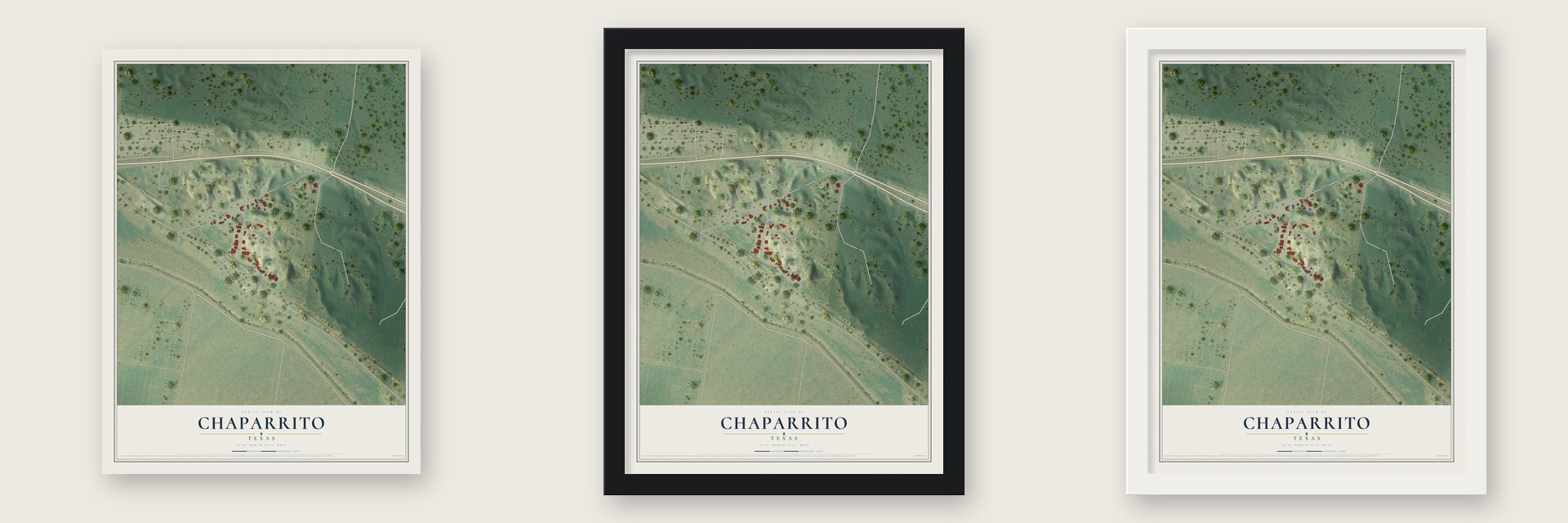 Chaparrito, Texas map unframed, in a black wood frame and in a white wood frame