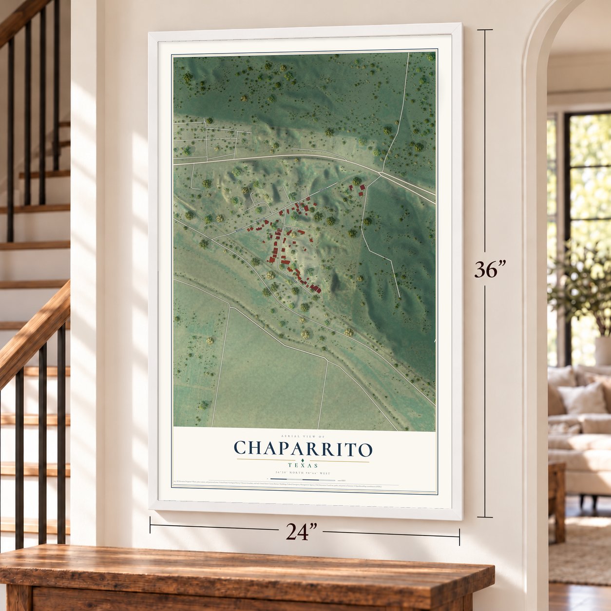 Chaparrito, Texas map, 24 x 36 inch print in a white frame by a staircase