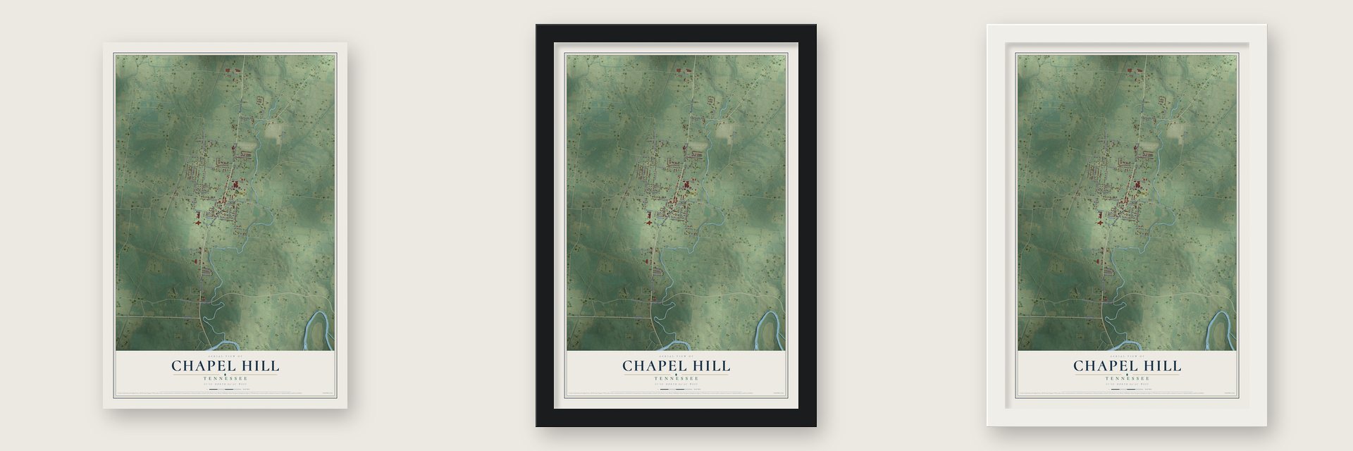 Chapel Hill, Tennessee map unframed, in a black wood frame and in a white wood frame