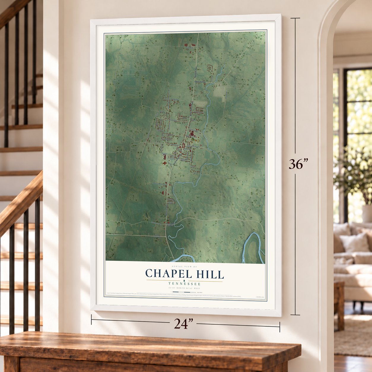 Chapel Hill, Tennessee map, 24 x 36 inch print in a white frame by a staircase