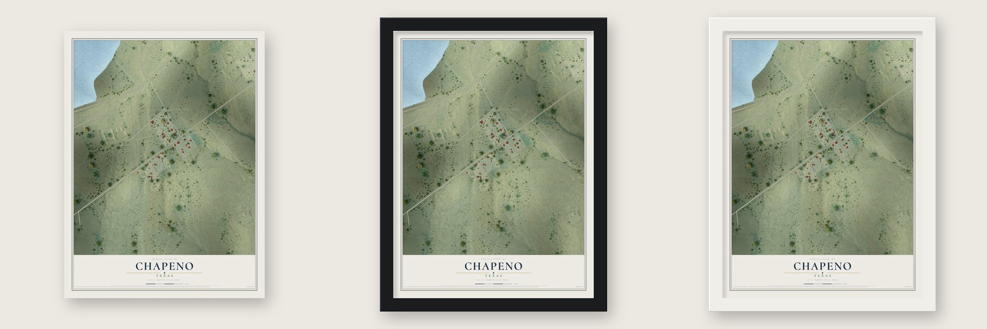 Chapeno, Texas map unframed, in a black wood frame and in a white wood frame