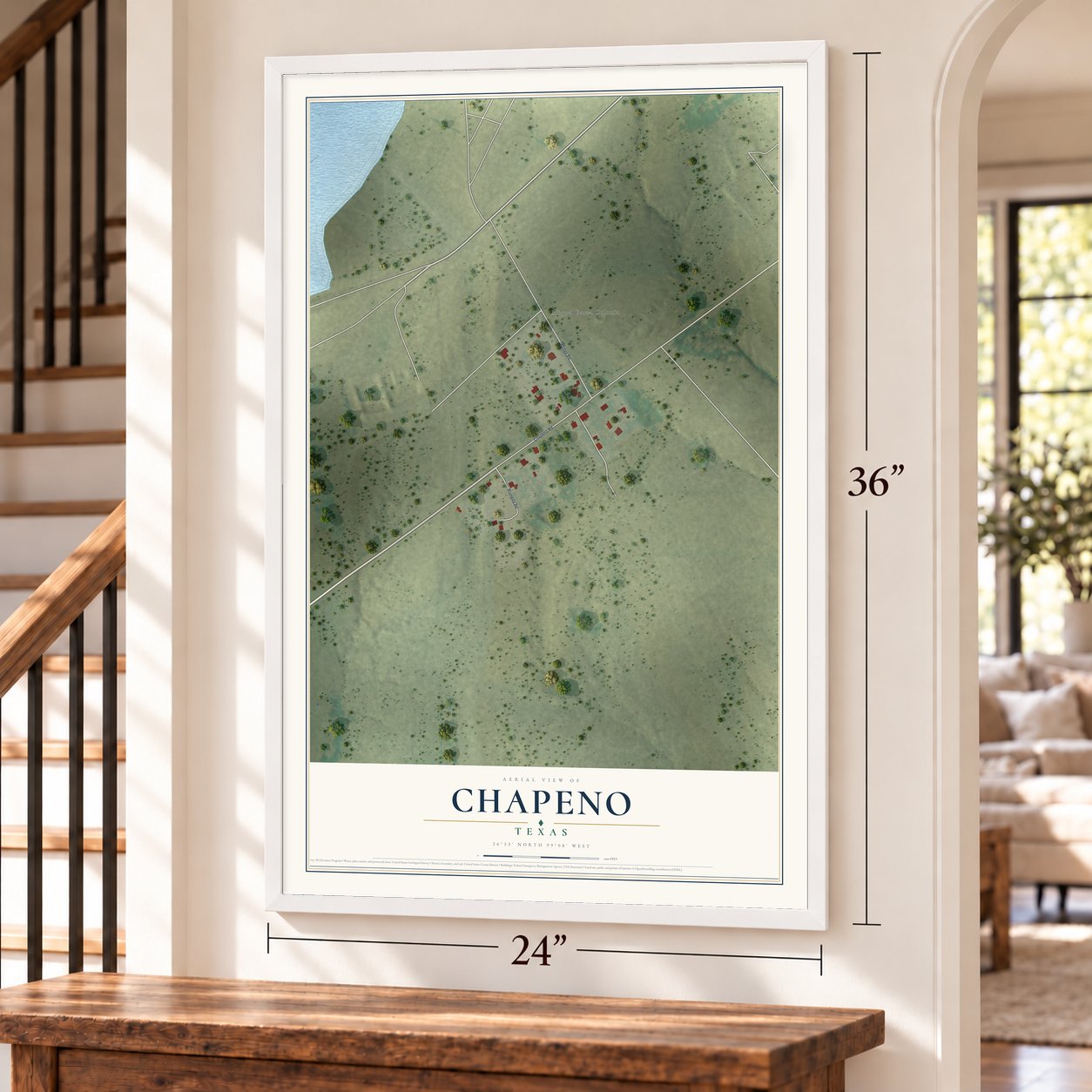 Chapeno, Texas map, 24 x 36 inch print in a white frame by a staircase