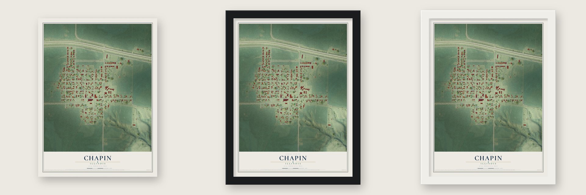 Chapin, Illinois map unframed, in a black wood frame and in a white wood frame