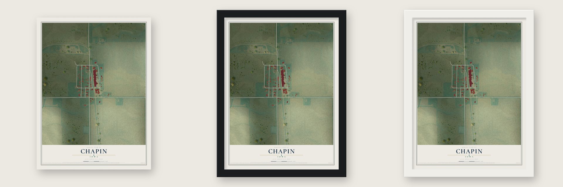 Chapin, Iowa map unframed, in a black wood frame and in a white wood frame