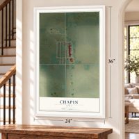 Chapin, Iowa map, 24 x 36 inch print in a white frame by a staircase