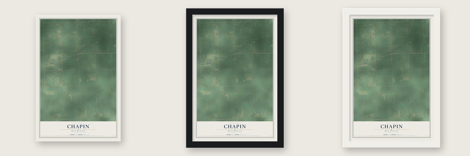 Chapin, Michigan map unframed, in a black wood frame and in a white wood frame