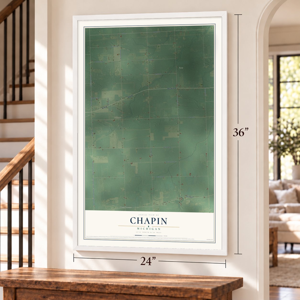 Chapin, Michigan map, 24 x 36 inch print in a white frame by a staircase