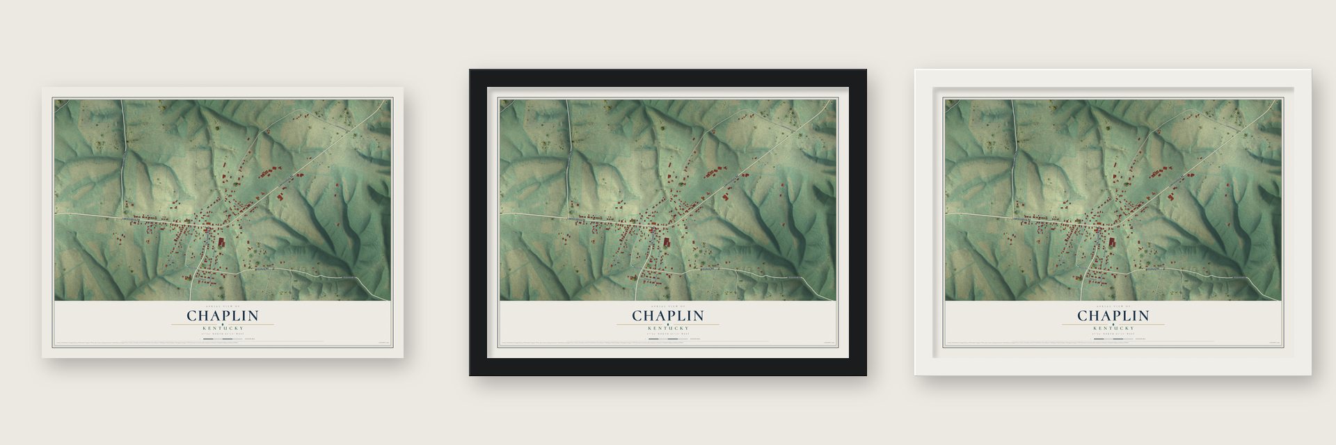 Chaplin, Kentucky map unframed, in a black wood frame and in a white wood frame