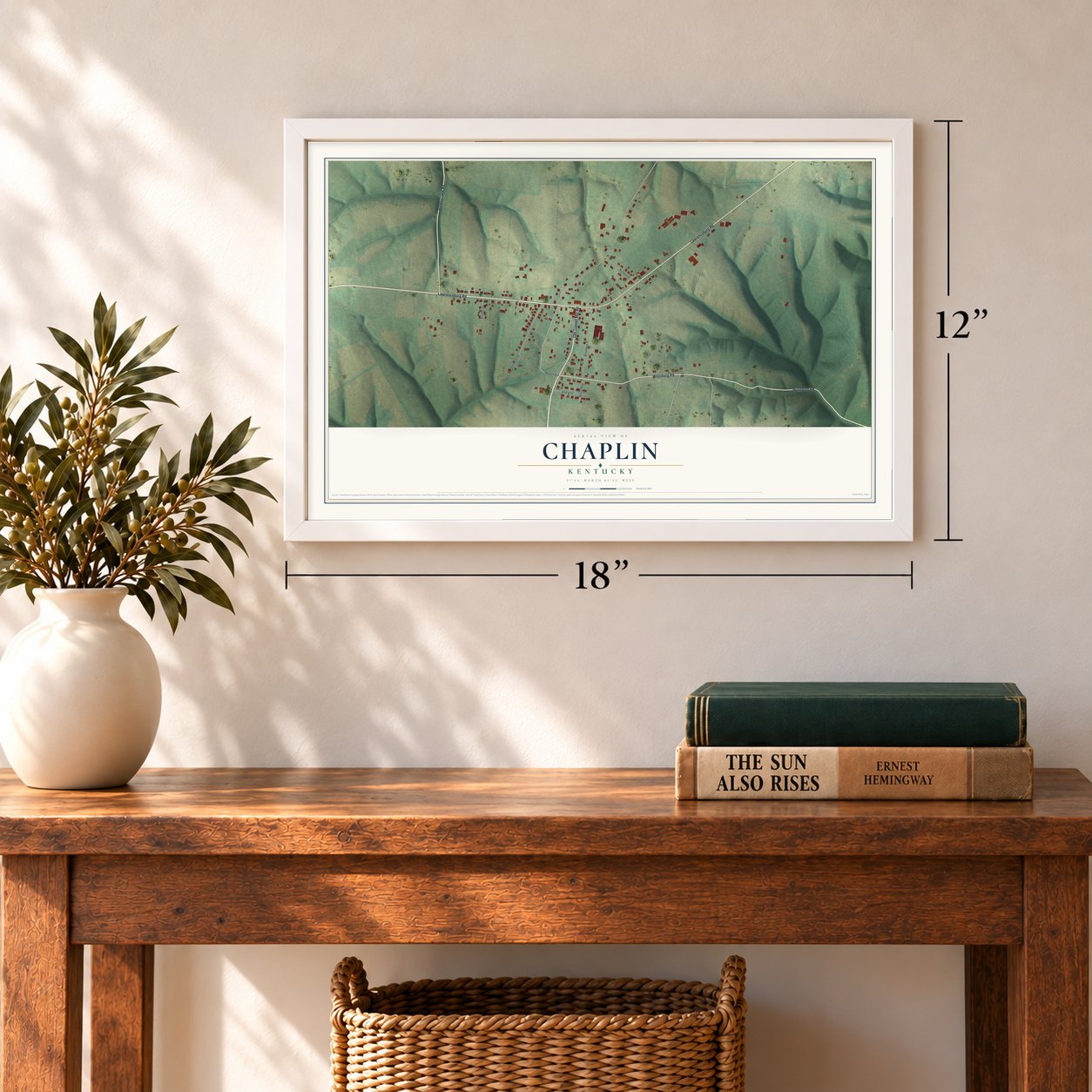Chaplin, Kentucky map, 12 x 18 inch print in a white frame in an entryway