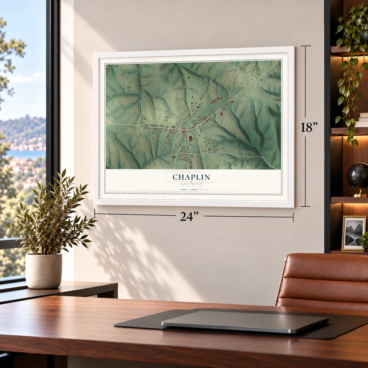 Chaplin, Kentucky map, 18 x 24 inch print in a white frame in a home office