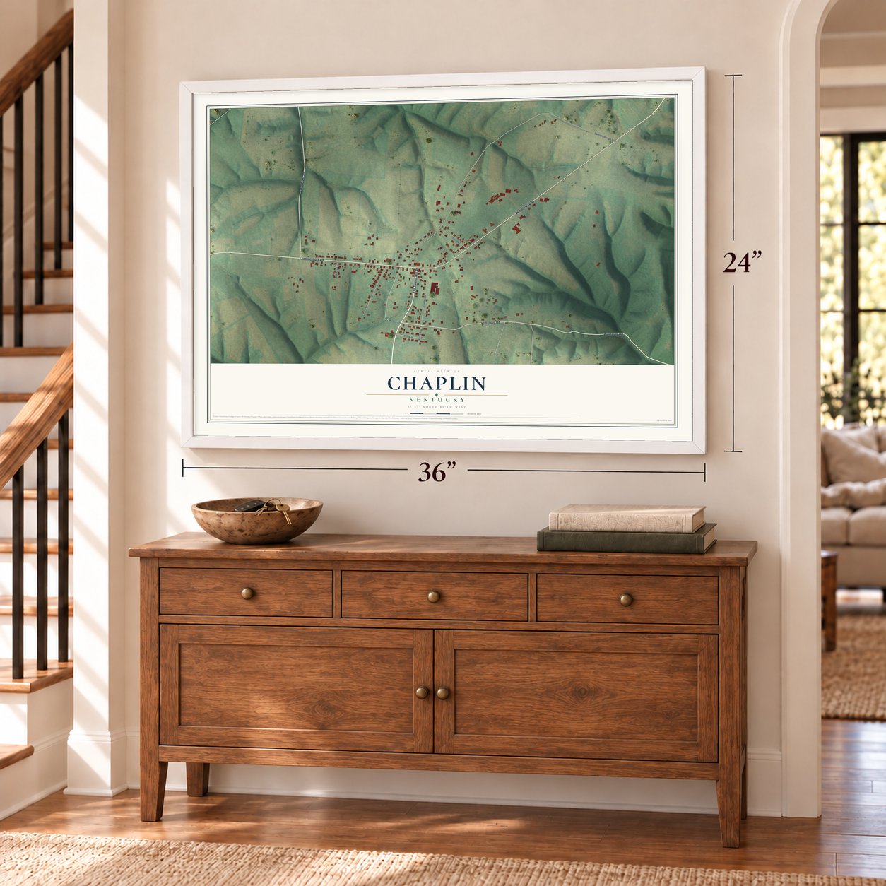 Chaplin, Kentucky map, 24 x 36 inch print in a white frame above a dresser by a staircase