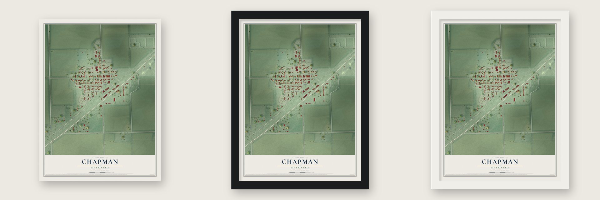 Chapman, Nebraska map unframed, in a black wood frame and in a white wood frame