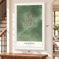 Chapman, Nebraska map, 24 x 36 inch print in a white frame by a staircase