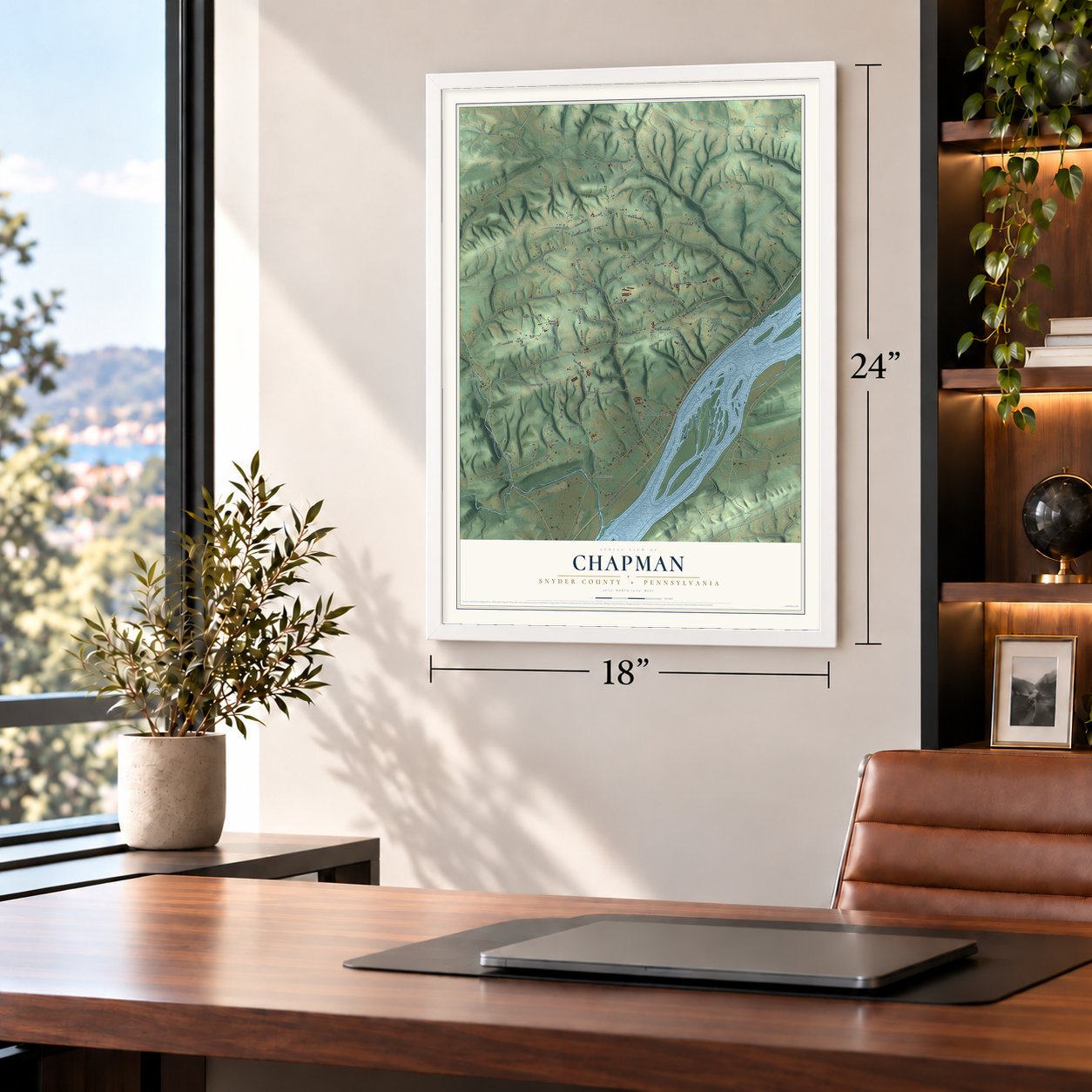 Chapman, Snyder County, Pennsylvania map, 18 x 24 inch print in a white frame in a home office