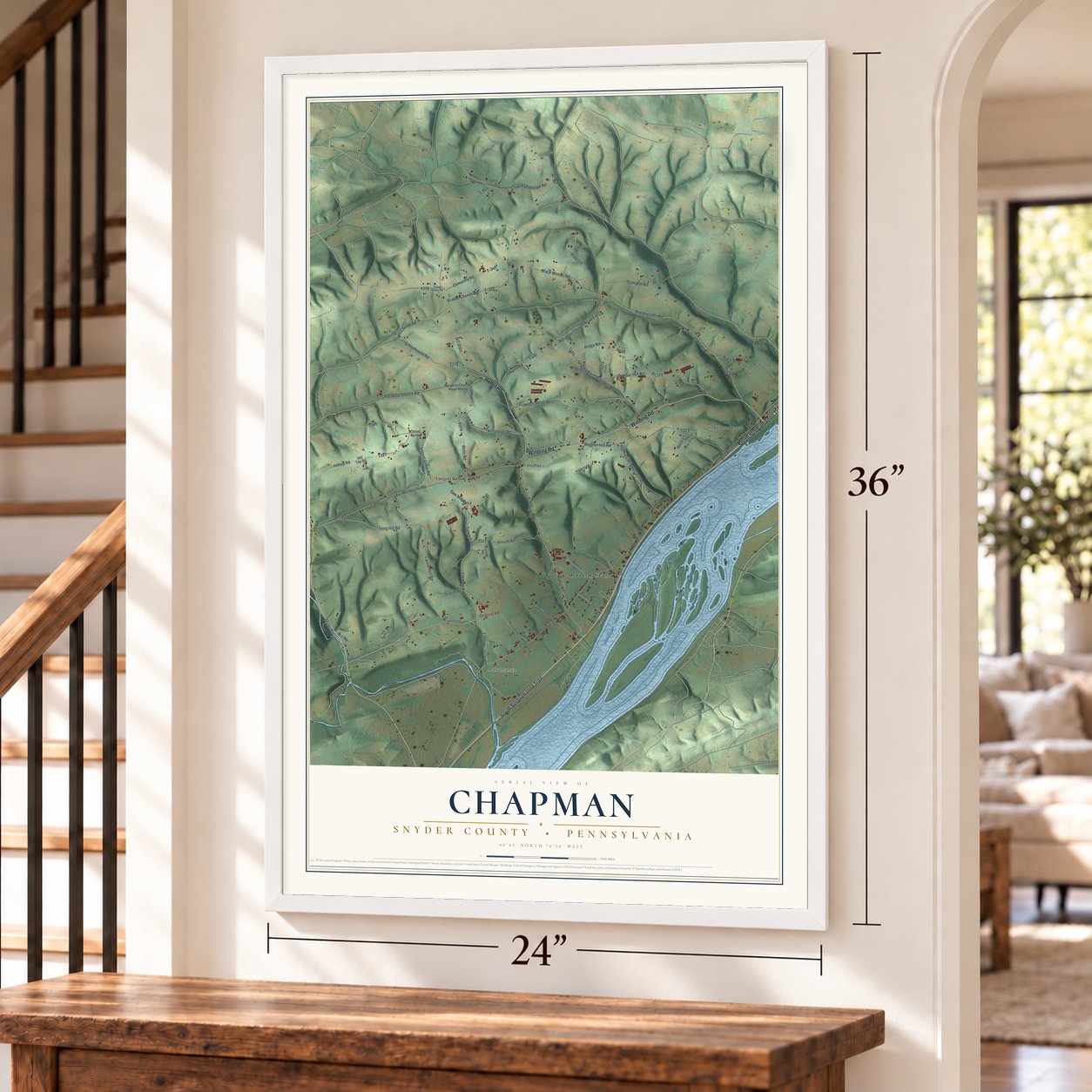 Chapman, Snyder County, Pennsylvania map, 24 x 36 inch print in a white frame by a staircase