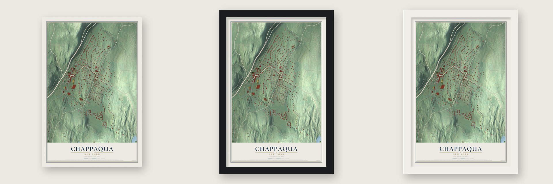 Chappaqua, New York map unframed, in a black wood frame and in a white wood frame