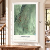 Chappaqua, New York map, 24 x 36 inch print in a white frame by a staircase