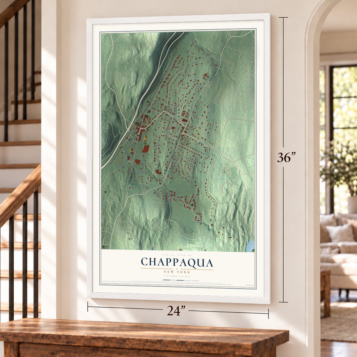 Chappaqua, New York map, 24 x 36 inch print in a white frame by a staircase