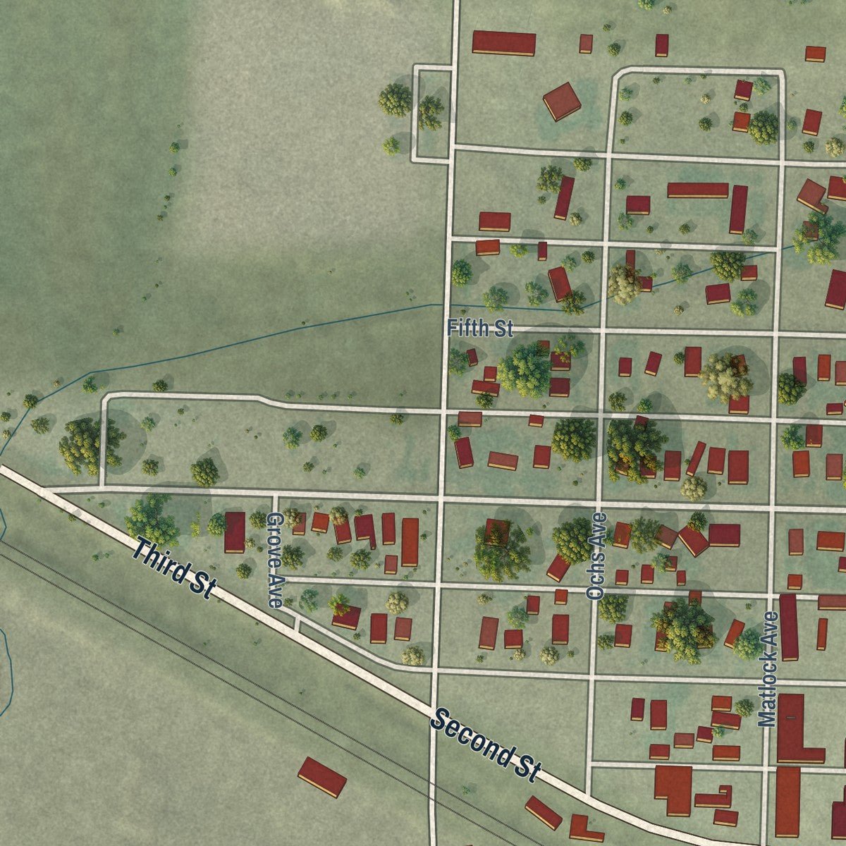 Second close-up of the map of Chappell, Nebraska print showing more streets and buildings