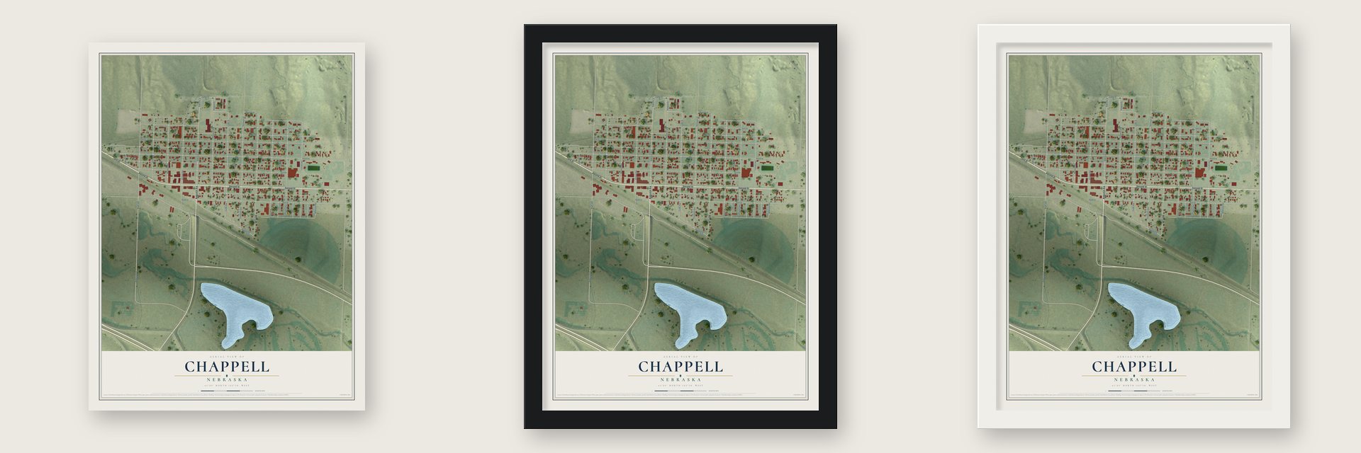 Chappell, Nebraska map unframed, in a black wood frame and in a white wood frame
