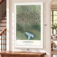 Chappell, Nebraska map, 24 x 36 inch print in a white frame by a staircase