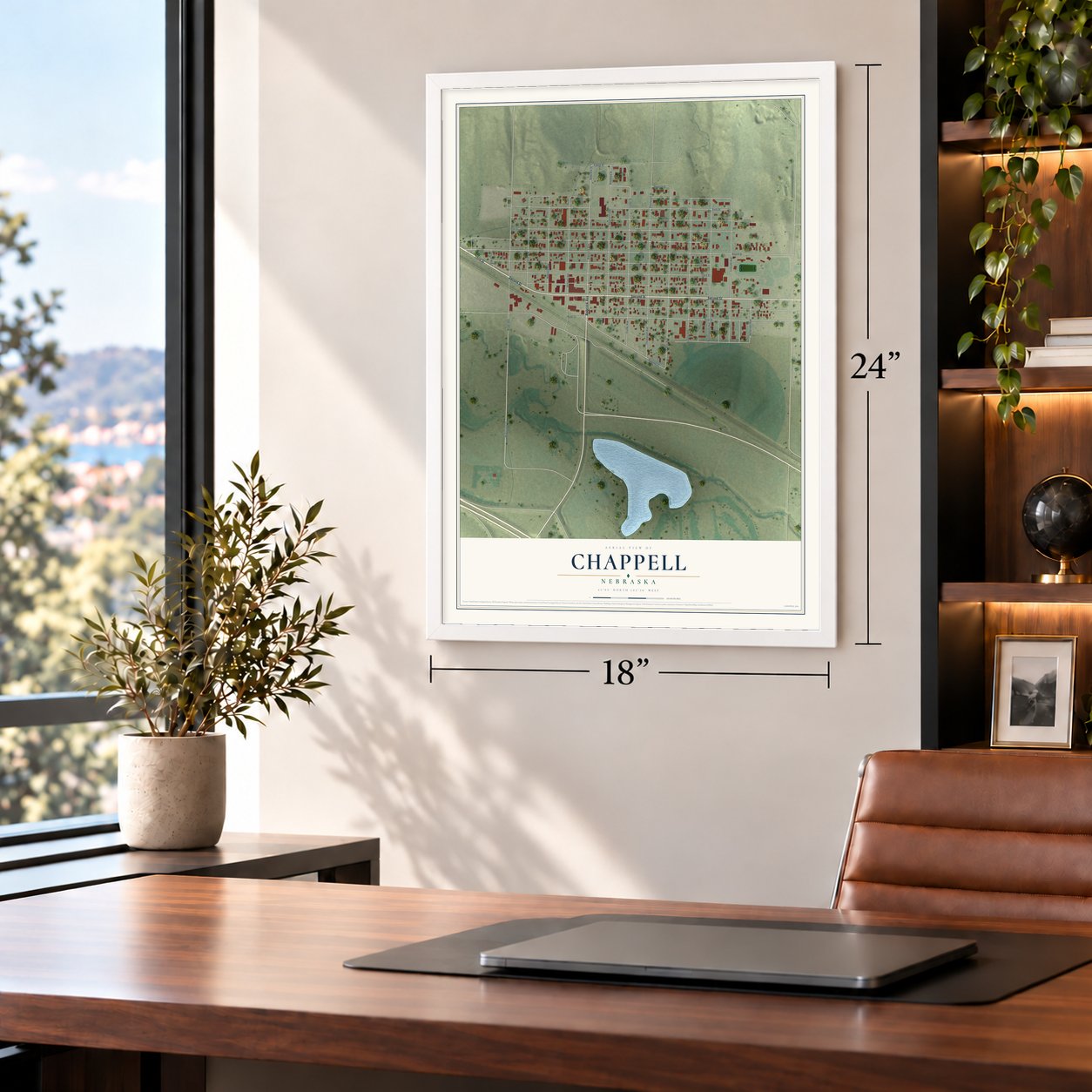 Chappell, Nebraska map, 18 x 24 inch print in a white frame in a home office