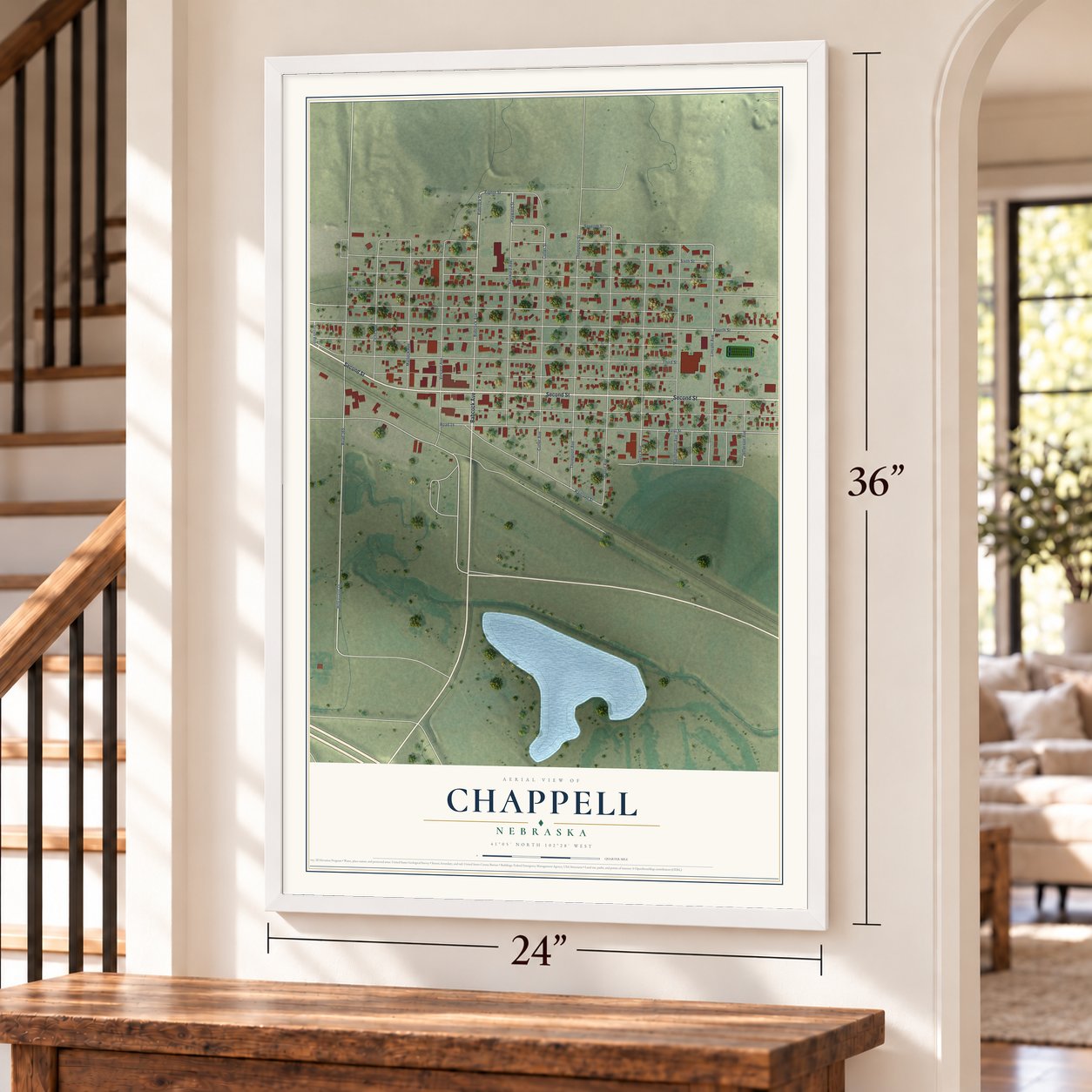 Chappell, Nebraska map, 24 x 36 inch print in a white frame by a staircase