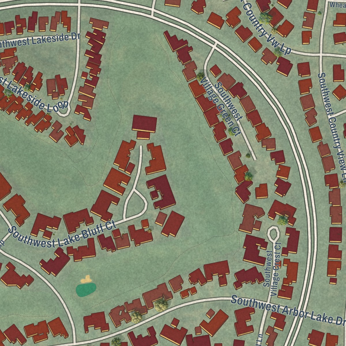 Second close-up of the map of Charbonneau, Oregon print showing more streets and buildings