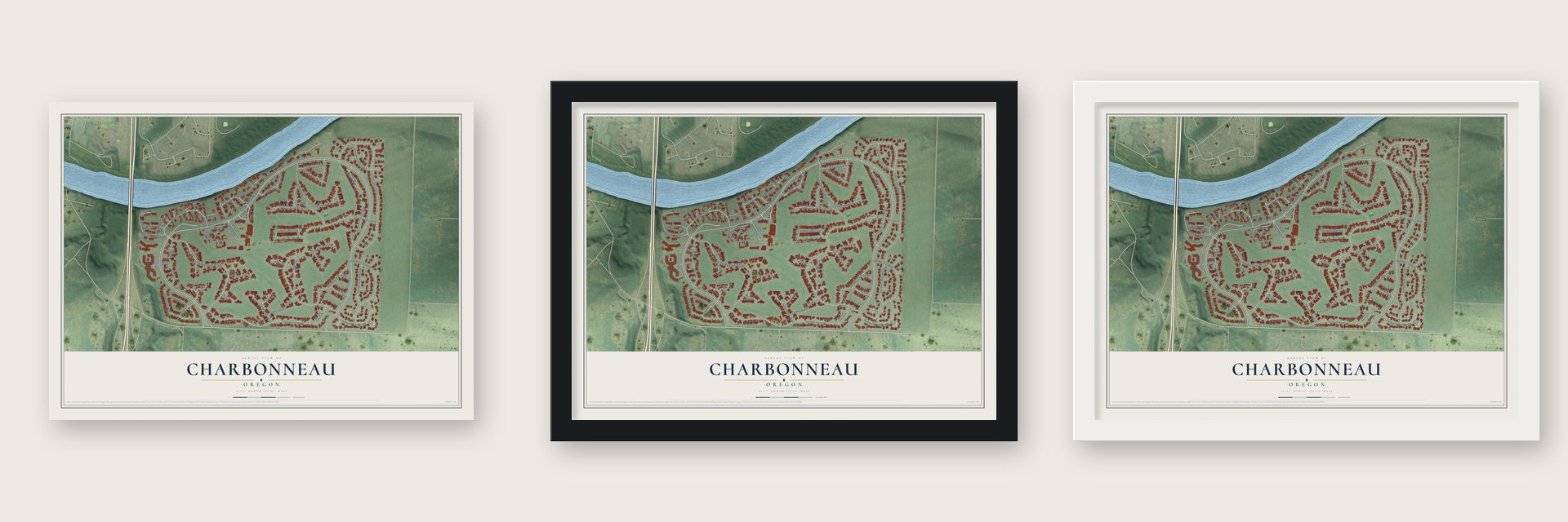 Charbonneau, Oregon map unframed, in a black wood frame and in a white wood frame