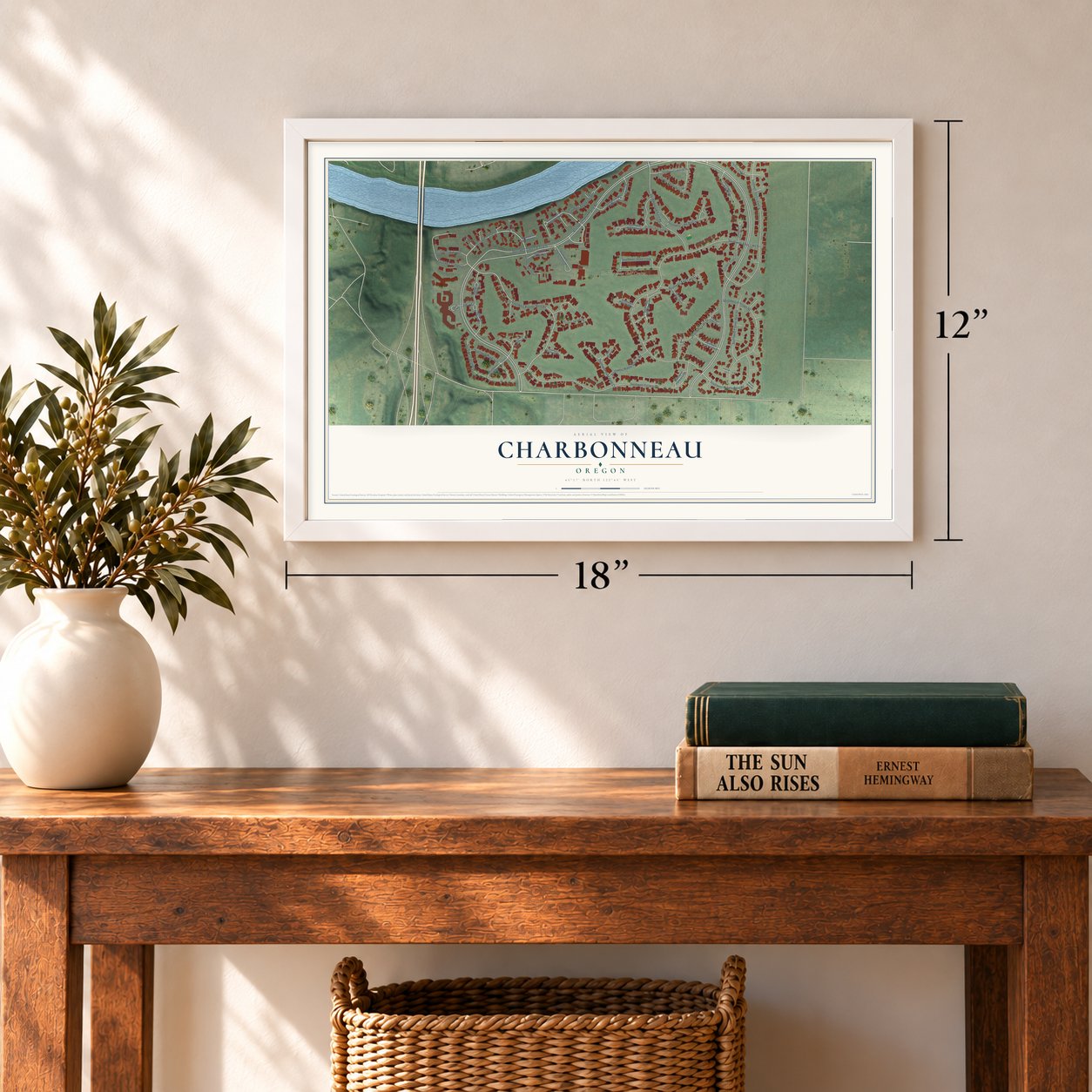 Charbonneau, Oregon map, 12 x 18 inch print in a white frame in an entryway