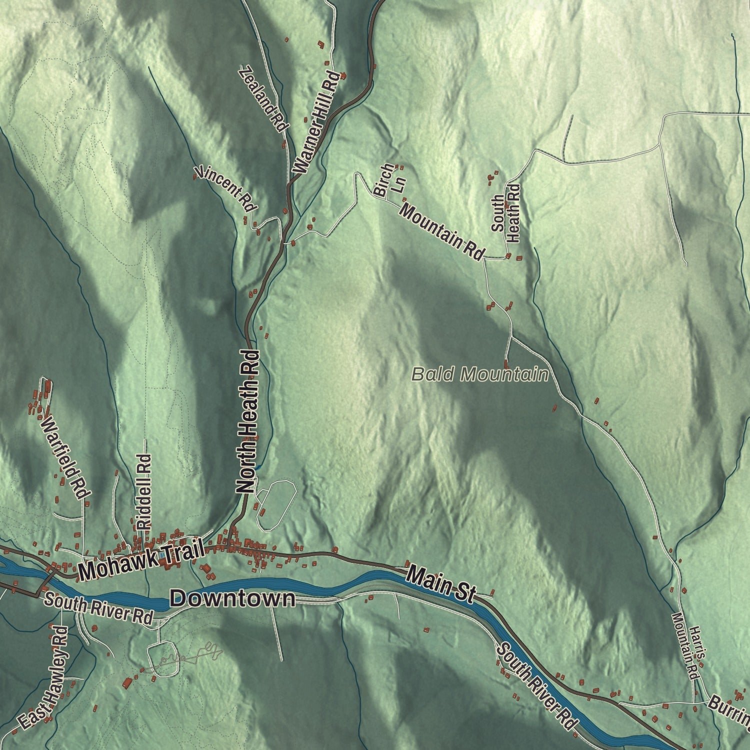 Close-up of the map of Charlemont, Massachusetts print showing terrain and local geography