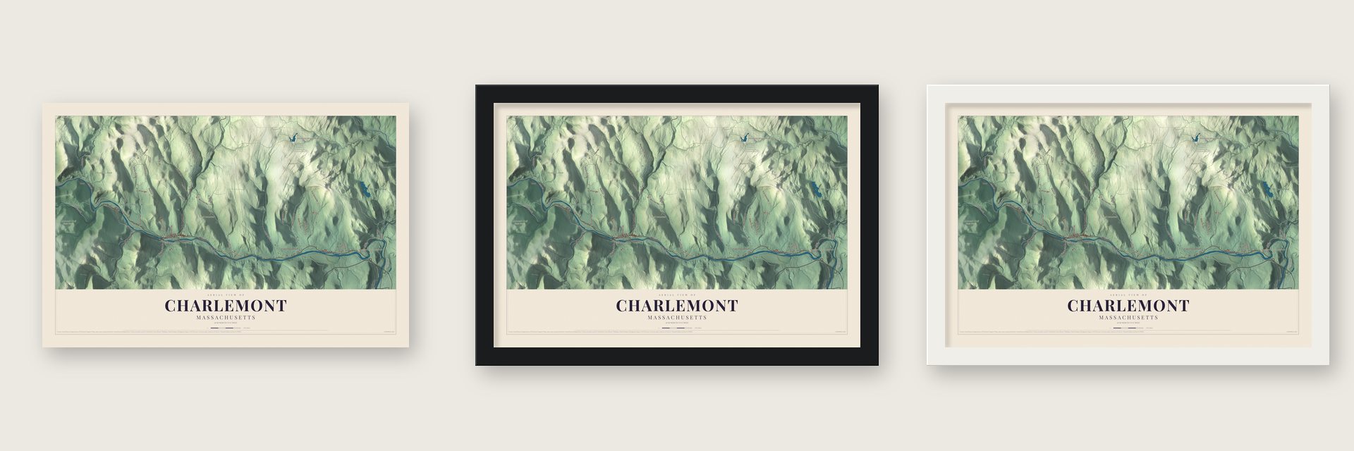 Charlemont, Massachusetts map unframed, in a black wood frame and in a white wood frame