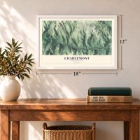 Charlemont, Massachusetts map, 12 x 18 inch print in a white frame in an entryway