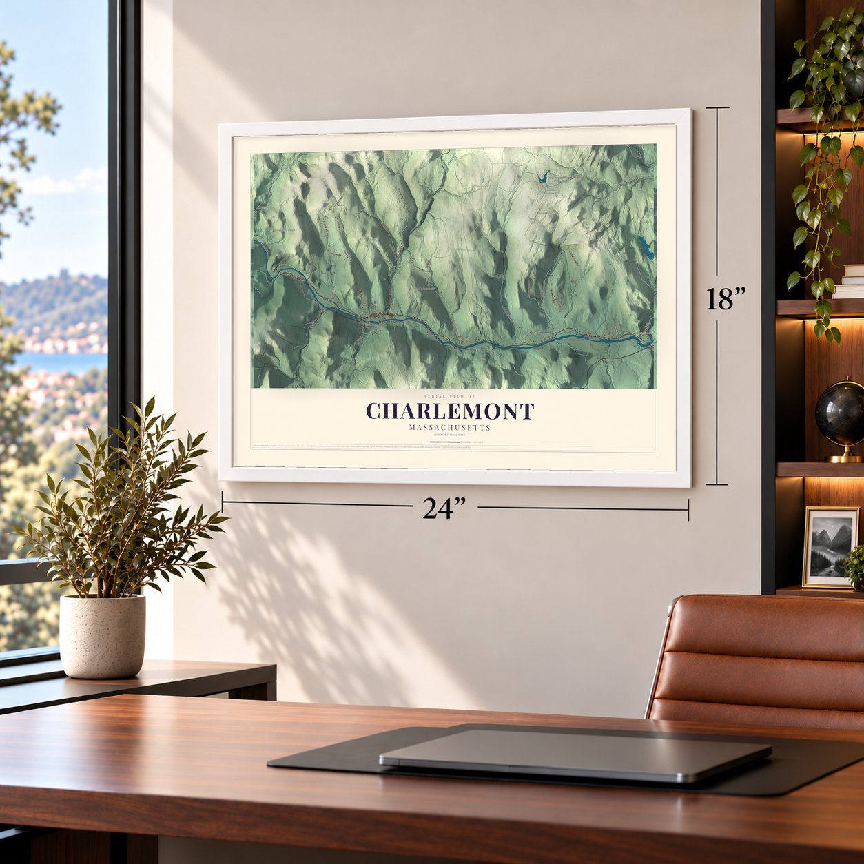 Charlemont, Massachusetts map, 18 x 24 inch print in a white frame in a home office