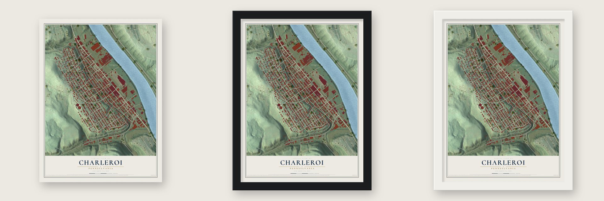 Charleroi, Pennsylvania map unframed, in a black wood frame and in a white wood frame