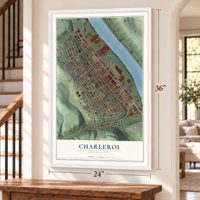 Charleroi, Pennsylvania map, 24 x 36 inch print in a white frame by a staircase