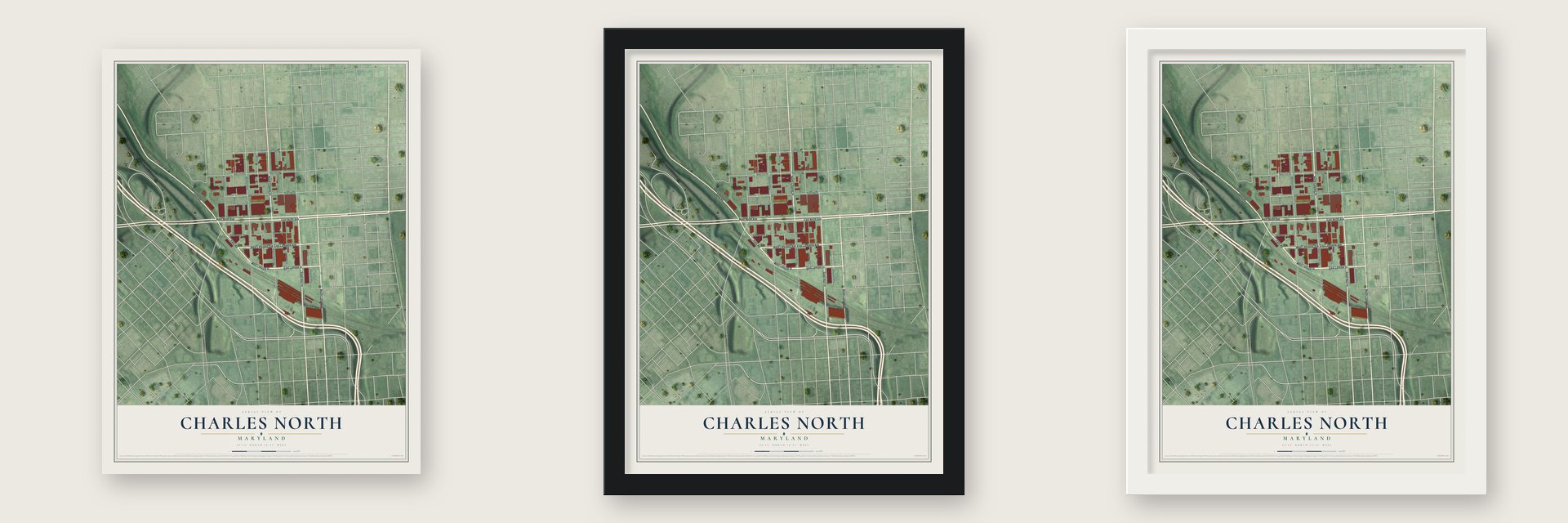 Charles North, Maryland map unframed, in a black wood frame and in a white wood frame